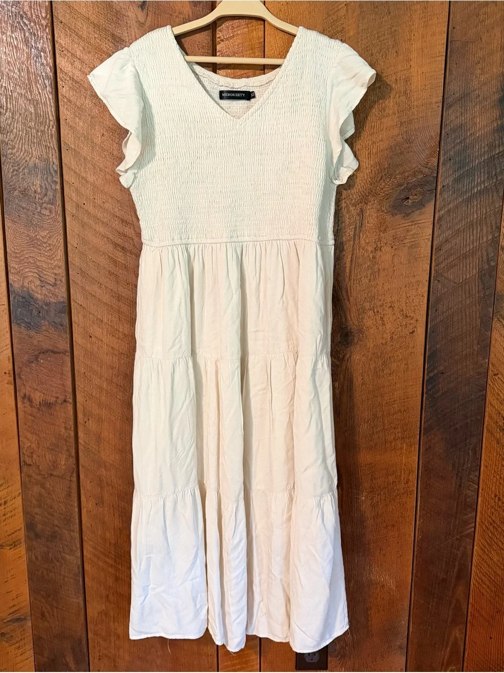Boutique Smocked Tiered Skirt Midi Dress Cream Romantic Cottagecore Boho XL